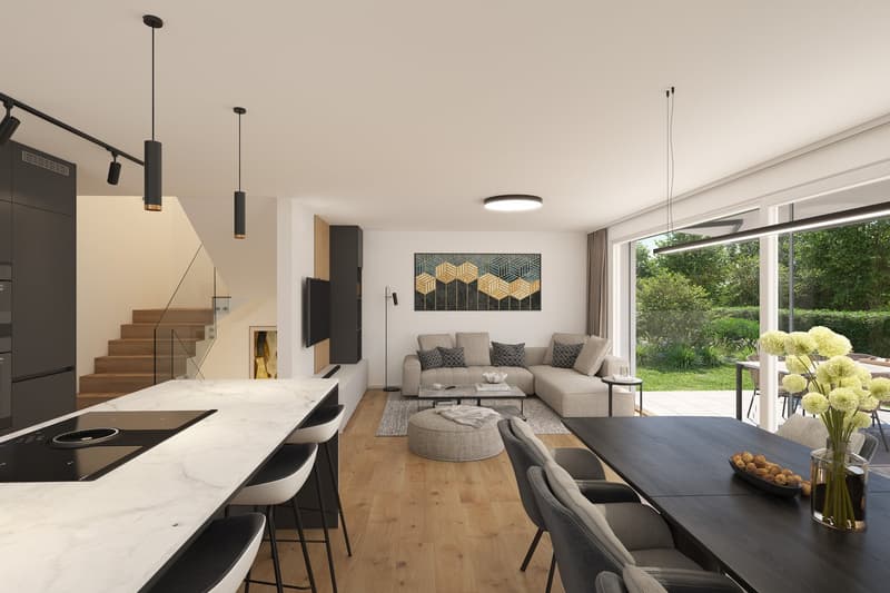 Modern interior, open-plan kitchen with marble countertop, seating area with a sectional sofa, dining table, large windows with glass doors leading to a garden
