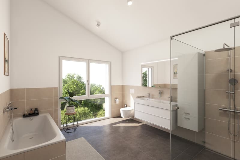 modern bathroom with large window, bathtub, separate shower, toilet, and vanity