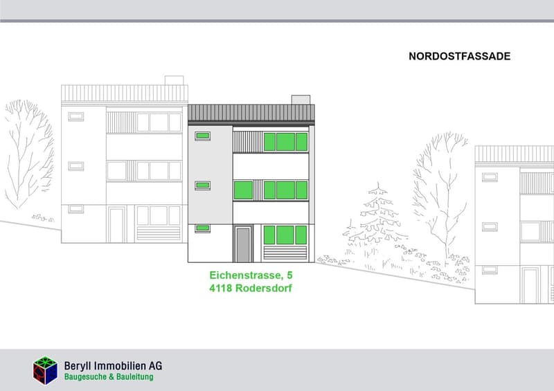 3 stories, 4 apartments, windows, main entrance, no balcony or terrace