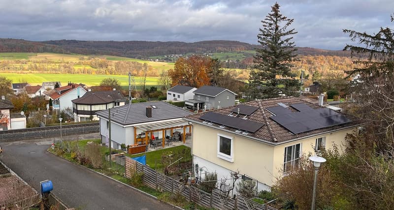detached houses, with solar panels on the roof, trees and a green field in the background, driveway
