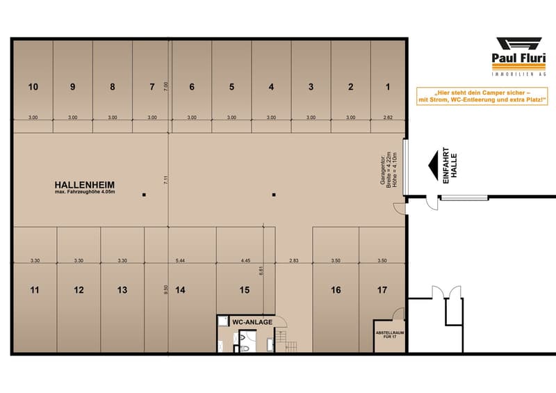 Floor plan of a commercial space with numbered sections and WC-Anlage for 17th unit.