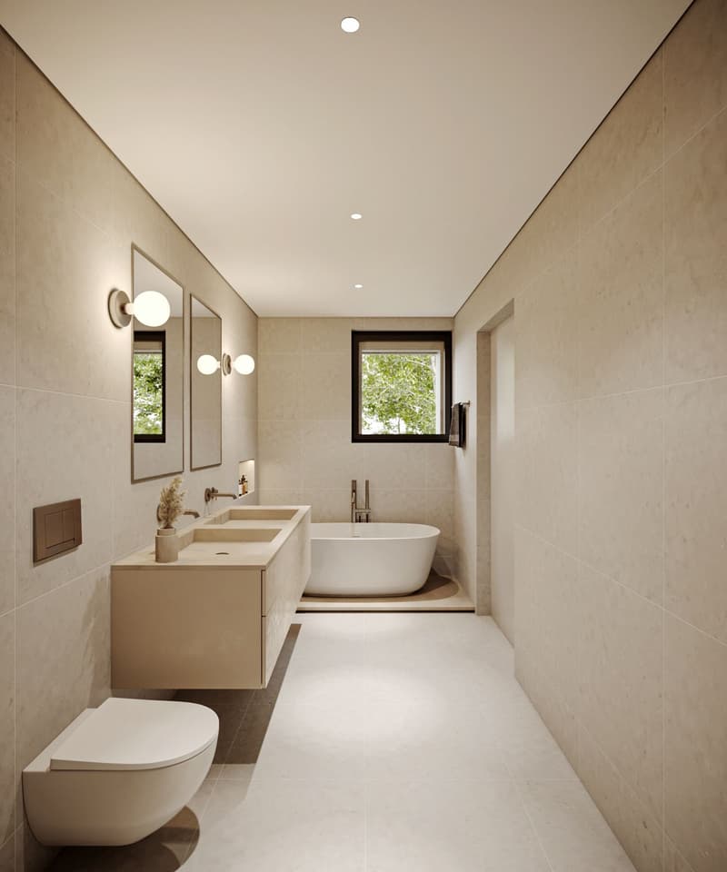 Bathroom with bathtub, double sink, toilet, mirrors, and beige tiles