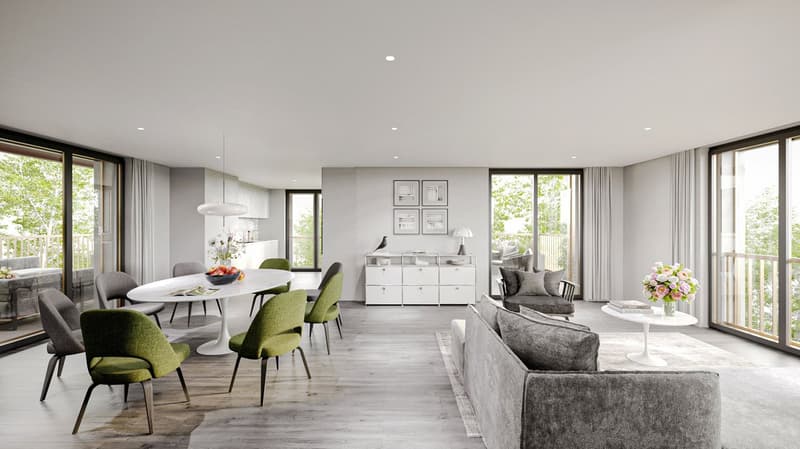 open plan living and dining area, large windows, balcony, modern furniture, white walls, wooden floor