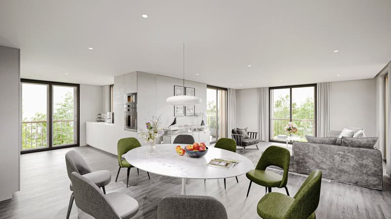 Dining area with a round table, green chairs, a white marble table, a white kitchen, a gray couch, a balcony, and large windows