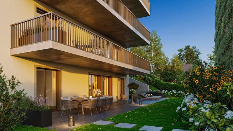 Modern house with balcony, outdoor dining area, garden, and lounge chairs