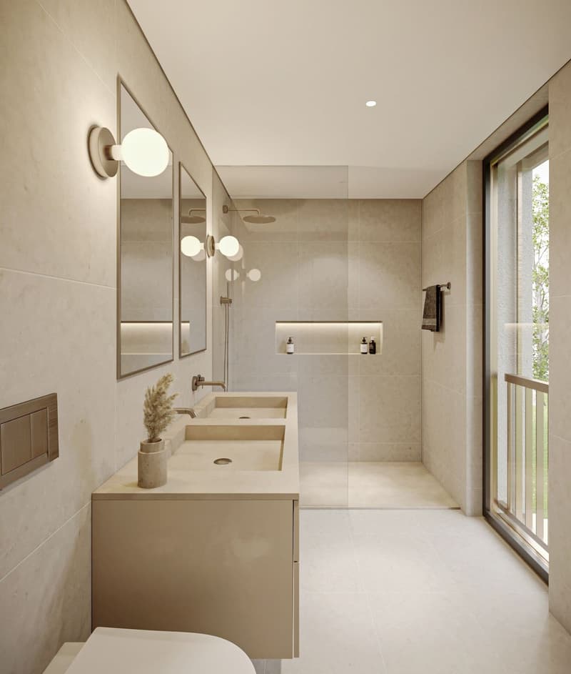 modern bathroom with double sink, mirror, shower, toilet, and window with view
