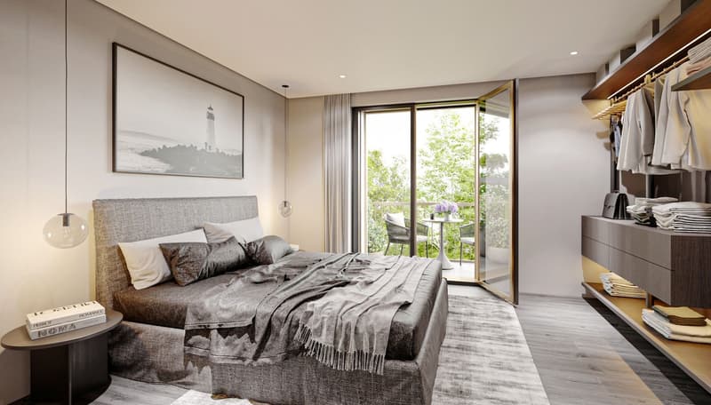 large bed, gray bedding, bedside table, large picture frame, sliding glass door, balcony, wardrobe