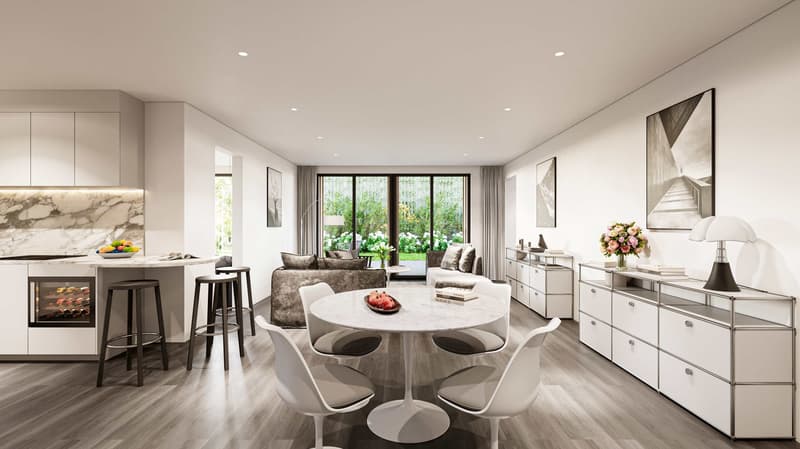 modern kitchen with island, dining area with round table, living room with sofa, large windows, marble flooring