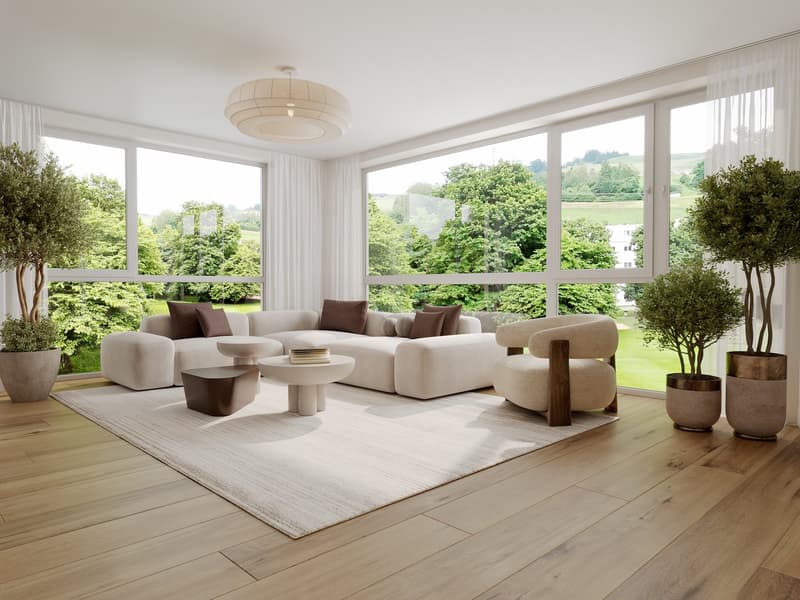 modern design, floor-to-ceiling windows, beige couch, large windows, wooden floor, two side tables, center table, beige chair, plants, rug