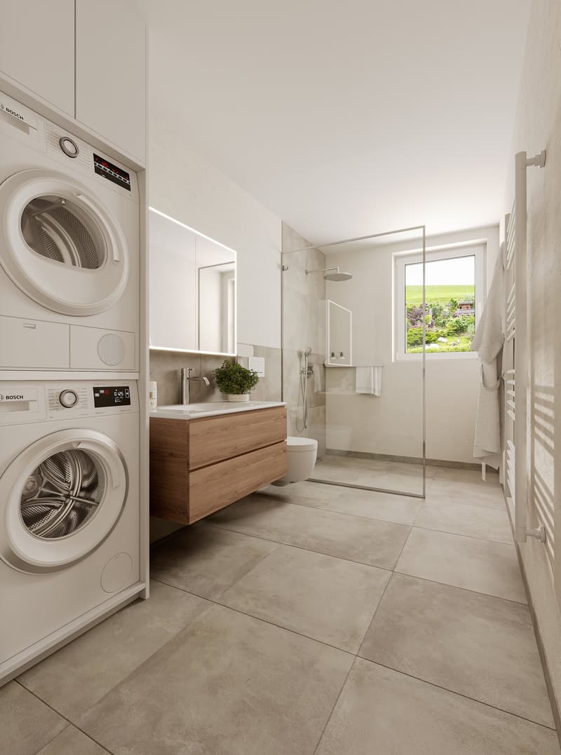 modern bathroom, tile flooring, glass shower, white washer, wooden vanity, modern faucet, round mirror