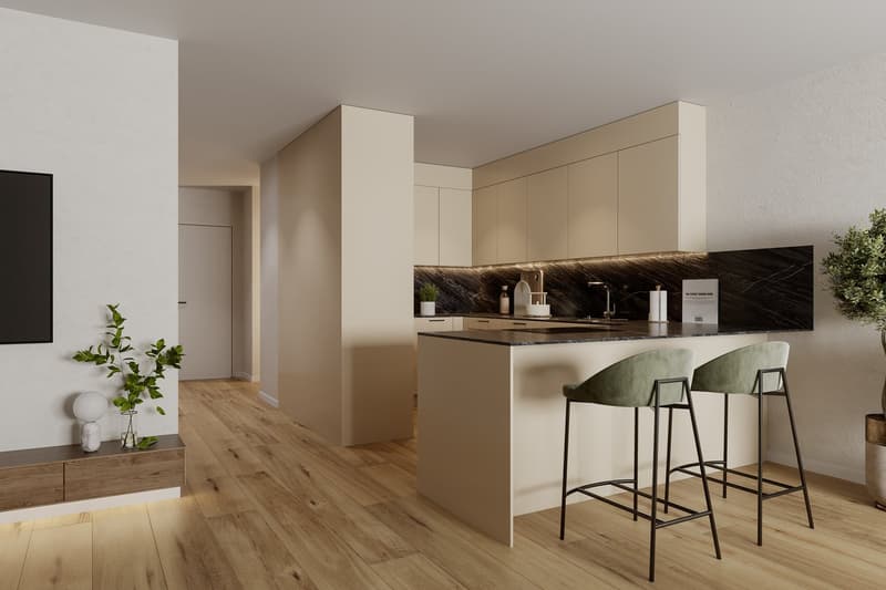 modern kitchen with a central island, black marble countertop, built-in oven and refrigerator, under cabinet lighting, large open-plan living area with hardwood floors