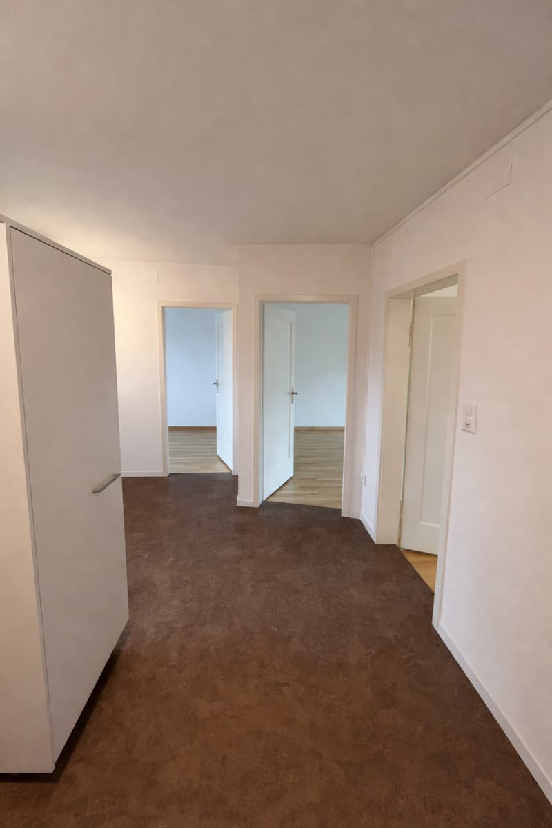 Empty room with white walls, brown floor, 3 open doors, power outlet
