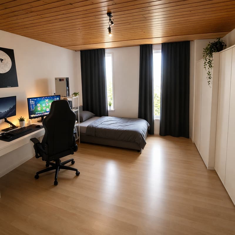 A room with a desk, computer, chair, bed, and windows with curtains