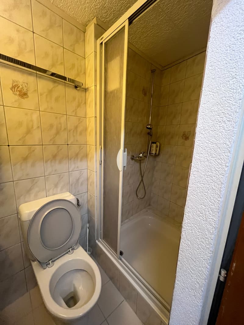 Bathroom with toilet, shower, and tiled walls