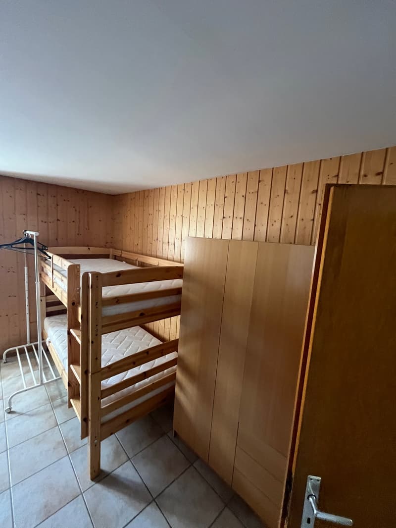 A room with wooden walls and floor, a bunk bed, and a wardrobe.