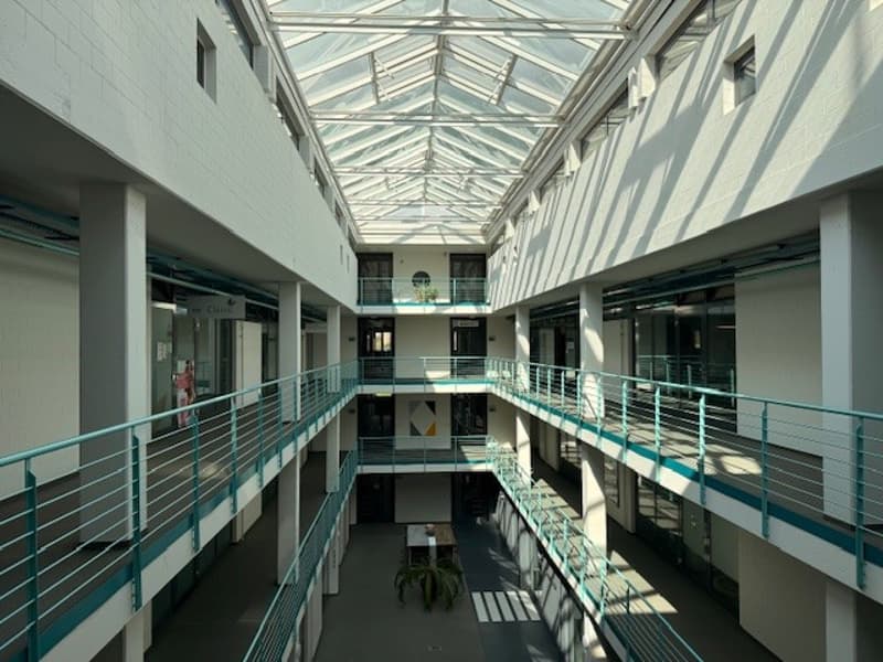 glass roof, balconies, green railings, multistory building, entrance doors, a potted plant