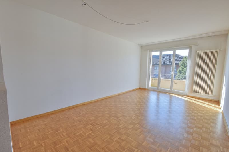 Large room, parquet floor, white walls, sliding doors to balcony, radiator, window to street