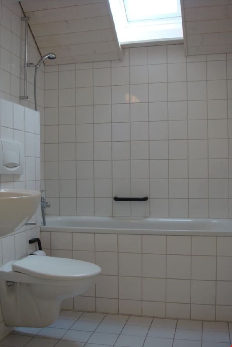 Bathroom with white tiles, toilet, sink, bathtub, shower with a ceiling skylight