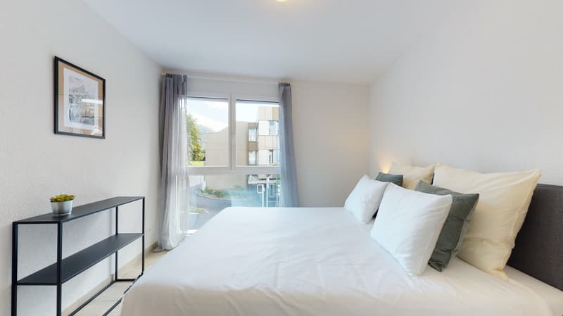 white walls, gray couch, black and white photo, large window, pillows, gray headboard, table with potted plant