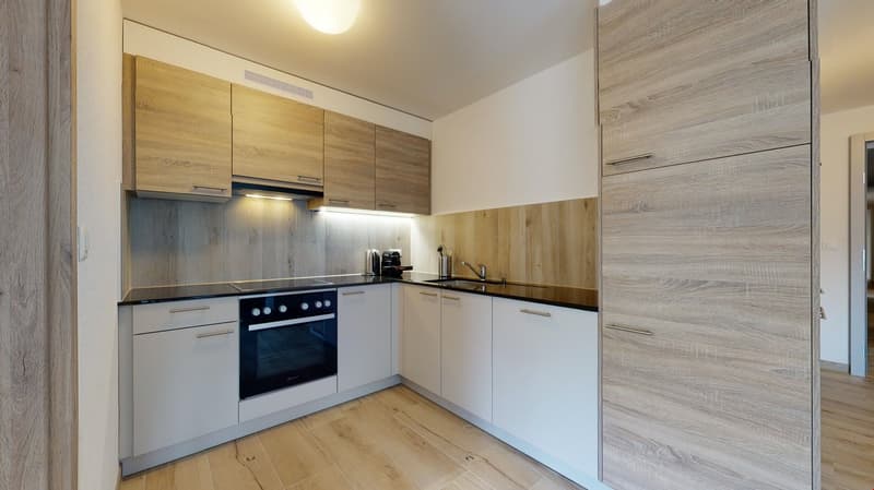 modern kitchen, wooden cupboards, tiled flooring, gas stove, dishwasher, sink, faucet, coffee machine, kettle, cabinets