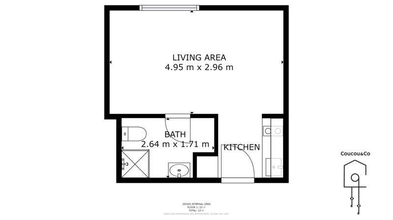 Living area, Kitchen, Bath