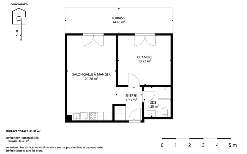 Entrance, bedroom, bathroom, living/dining room, terrace