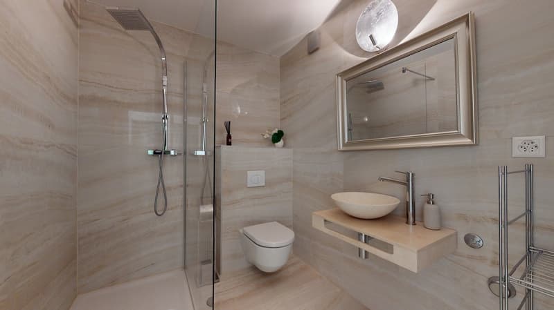 Shower, toilet, mirror, wooden floor, power outlet, washing hand soap, sink, faucet