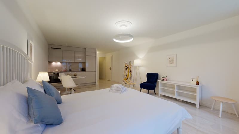 bedroom, white walls, hardwood floor, large bed with blue pillows, white headboard, ceiling lamp, small table with flowers, white shelf, blue chair, modern kitchen with oven