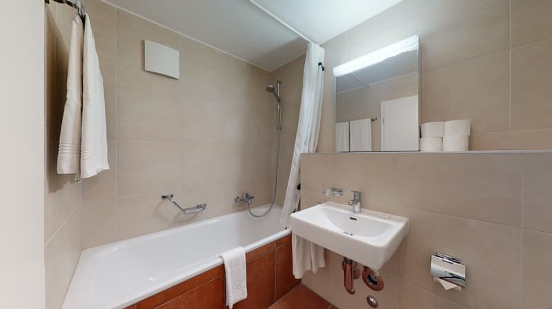 Bathtub, sink, shower, towel racks, mirrors, light fixtures, wooden cabinet, tiled walls