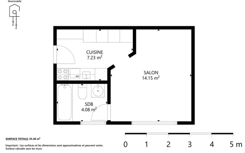 The floor plan shows a studio apartment with a kitchen, living room, and bathroom. The kitchen has a dishwasher, and the total surface area of the apartment is 25.46 m2.