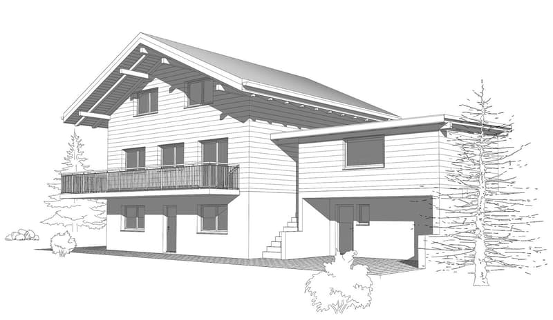 two story chalet with attic, balcony on the second floor, multiple windows, gable roof, double garage entrance