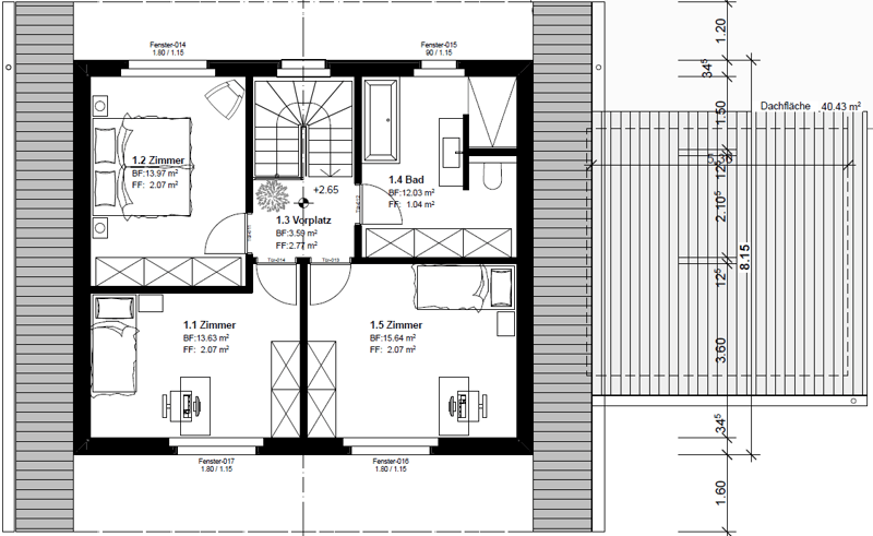 Floor plan includes 3 bedrooms, a bathroom, a living area, and an outdoor area labeled as 'Vorplatz'.