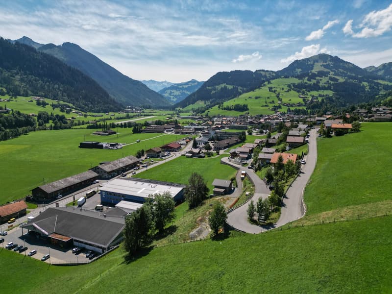 Aerial view of a picturesque mountain village surrounded by lush green hills and valleys. The village features a mix of traditional buildings and modern structures, with a winding road passing through the center. The landscape is dominated by the towering