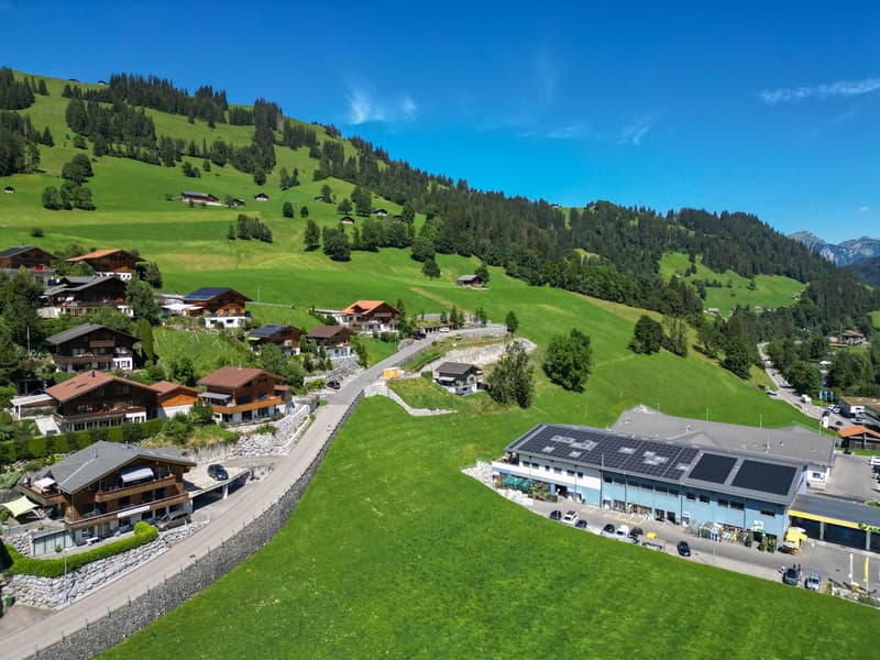 The image shows a picturesque alpine landscape with rolling green hills, dense forests, and traditional wooden chalets dotting the hillsides. In the foreground, there is a large commercial building with solar panels on the roof, indicating the use of rene