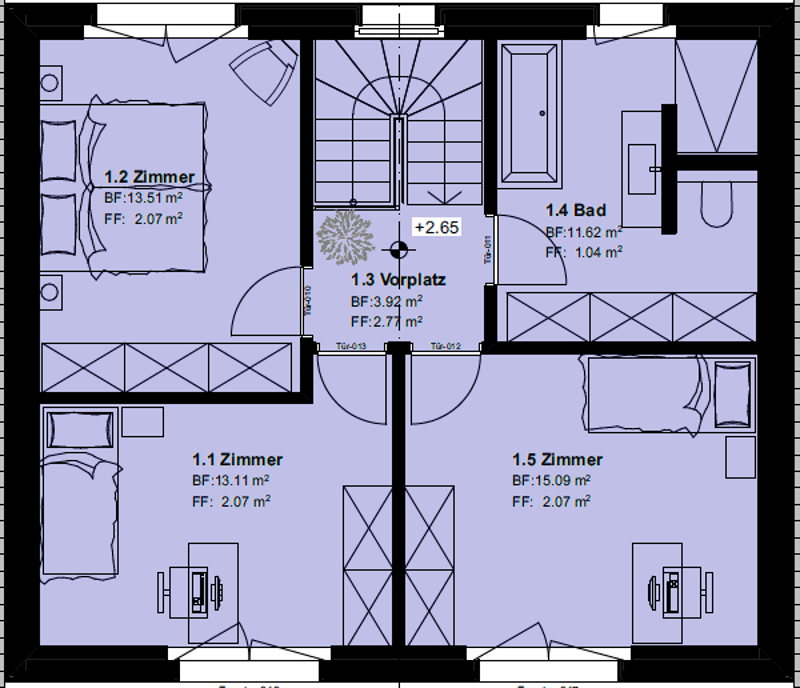 The floor plan shows a 1.5 bedroom apartment with a living room, kitchen, bathroom, and two bedrooms. There is a balcony or terrace visible.