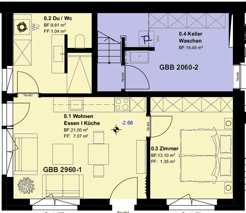 The image shows a floor plan of an apartment. It consists of a living room, kitchen, bedroom, bathroom, and a separate room labeled 'Keller Waschen' (cellar washing room). There is also a balcony or terrace visible.