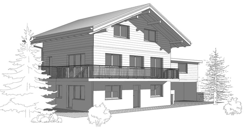 Two story house, sloped roof, wooden siding, balcony, multiple windows, trees in front.