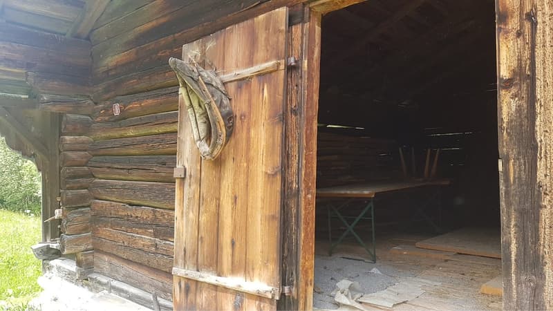 Wooden shed, wooden walls, wooden door, table and benches inside