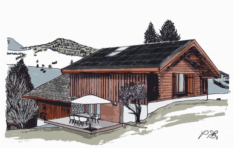 a detached house with solar panels on the roof, wooden wall, patio with outdoor dining area, surrounded by trees
