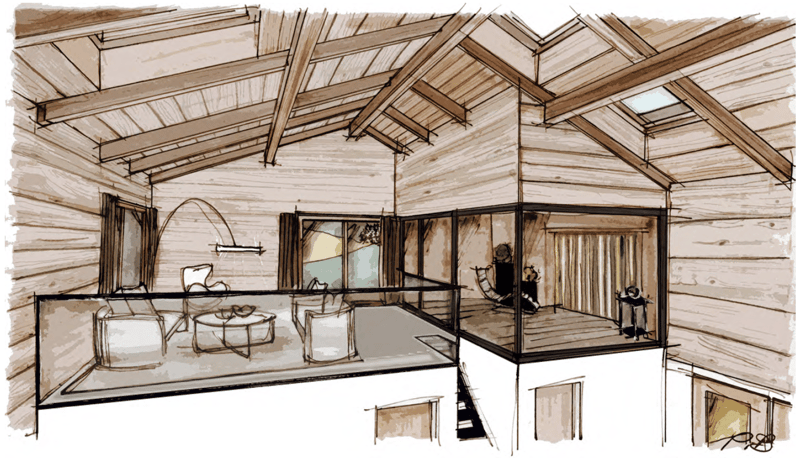Main living area with balcony and view to the outside, skylight