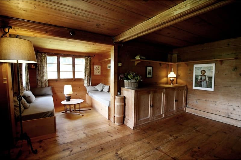 Wooden floor, walls, ceiling, bed, couch, table, lamp, wooden cabinets, shelves, framed picture, wooden window coverings