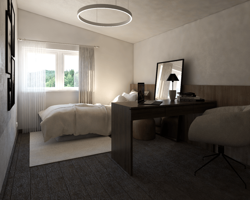 Spacious bedroom with large windows, modern circular lighting fixture, dark wood furniture including a dresser and desk, and a plush bed with white bedding.