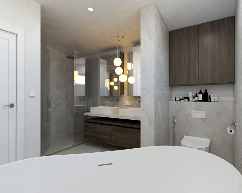 Spacious bathroom with modern design, large vanity with double sinks, wooden cabinets, pendant lighting fixtures, and a separate shower area.