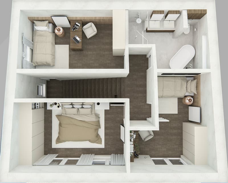 Studio apartment with living area, bedroom, bathroom, and kitchenette. Includes a balcony and dishwasher.