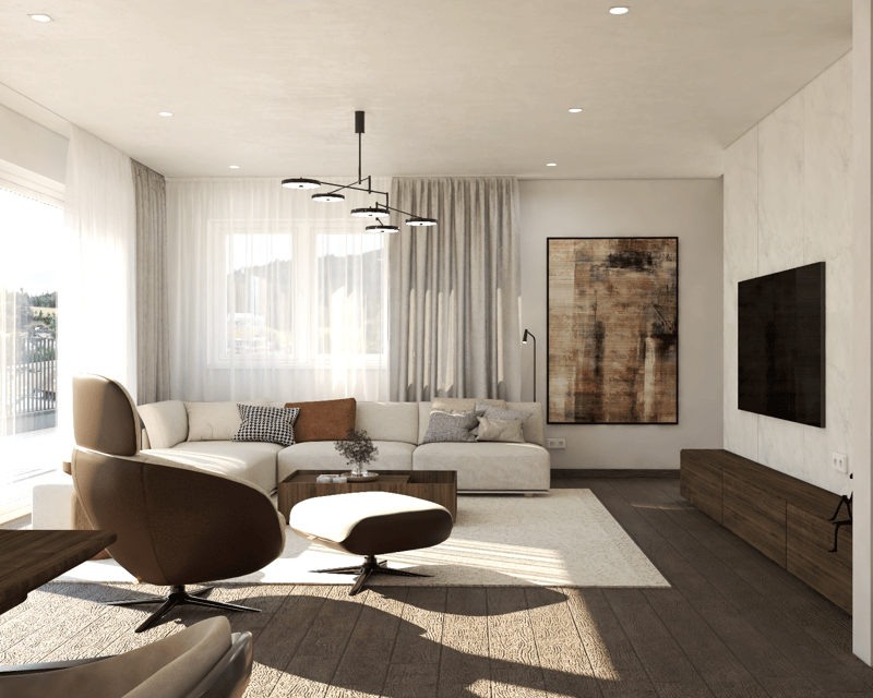 Spacious living room with large windows, neutral-colored sofa, wooden coffee table, abstract artwork, and a modern chandelier lighting fixture.