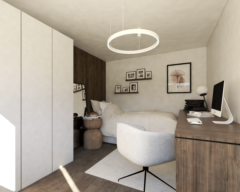 Spacious bedroom with white walls, hardwood floors, large windows, a circular pendant light, a built-in wardrobe, a desk with a computer, and a cozy seating area with a white sofa and a wooden side table.