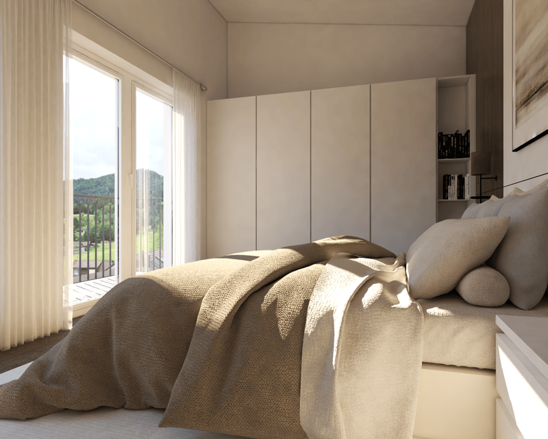 Spacious bedroom with large windows overlooking a balcony, neutral-colored walls, built-in wardrobe, and cozy bedding