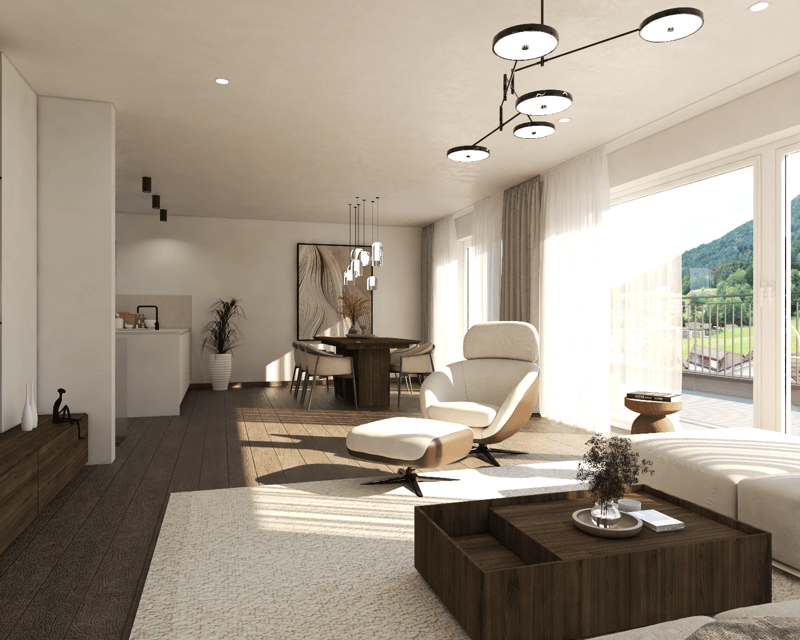 Spacious open-plan living room with large windows providing a scenic view, modern lighting fixtures, wooden dining table and chairs, comfortable armchair and ottoman, wooden coffee table, and built-in storage units.
