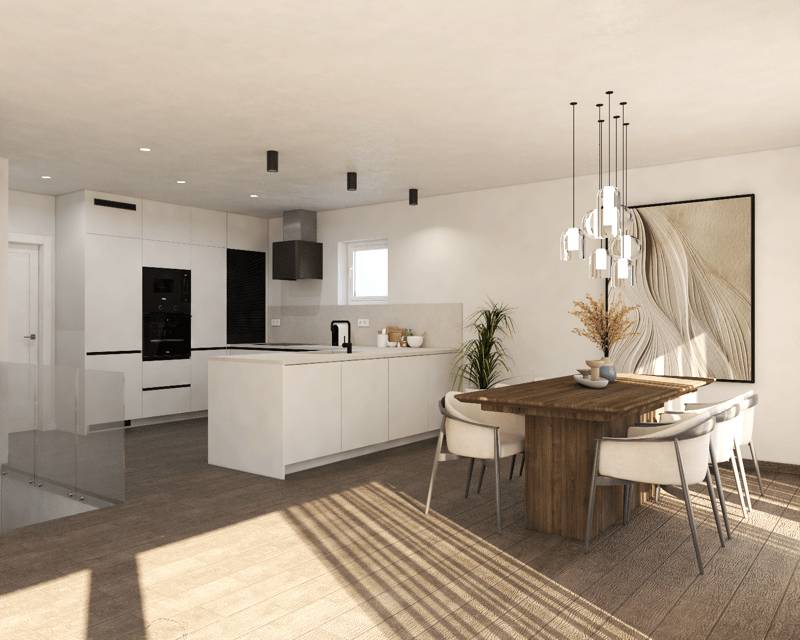 The image shows an open-concept kitchen and dining area with a modern, minimalist design. The kitchen features white cabinets, black appliances, and a sleek, minimalist design. The dining area has a wooden table with chairs, and a large abstract artwork o