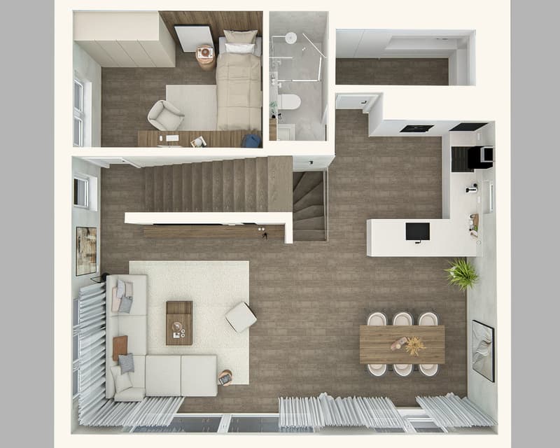 Studio apartment with living room, kitchenette, bathroom, and sleeping area. The apartment features a balcony or terrace and a dishwasher.